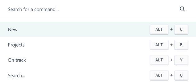 Odoo command search showing shortcuts for creating records, opening Projects and finding items.